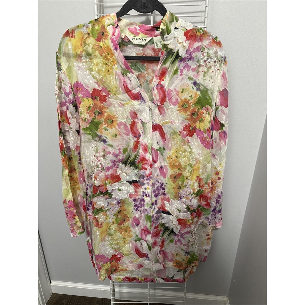 Orvis Blouse Women's S 100% Rayon Floral Button Top Long Sleeve Botanical